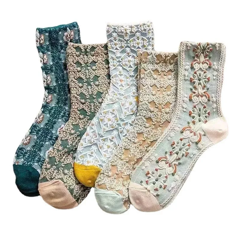 5 Pairs Vintage Style Floral Embroidered Crew Socks Lace Knit Thick‎ Warm New Green - Image 2