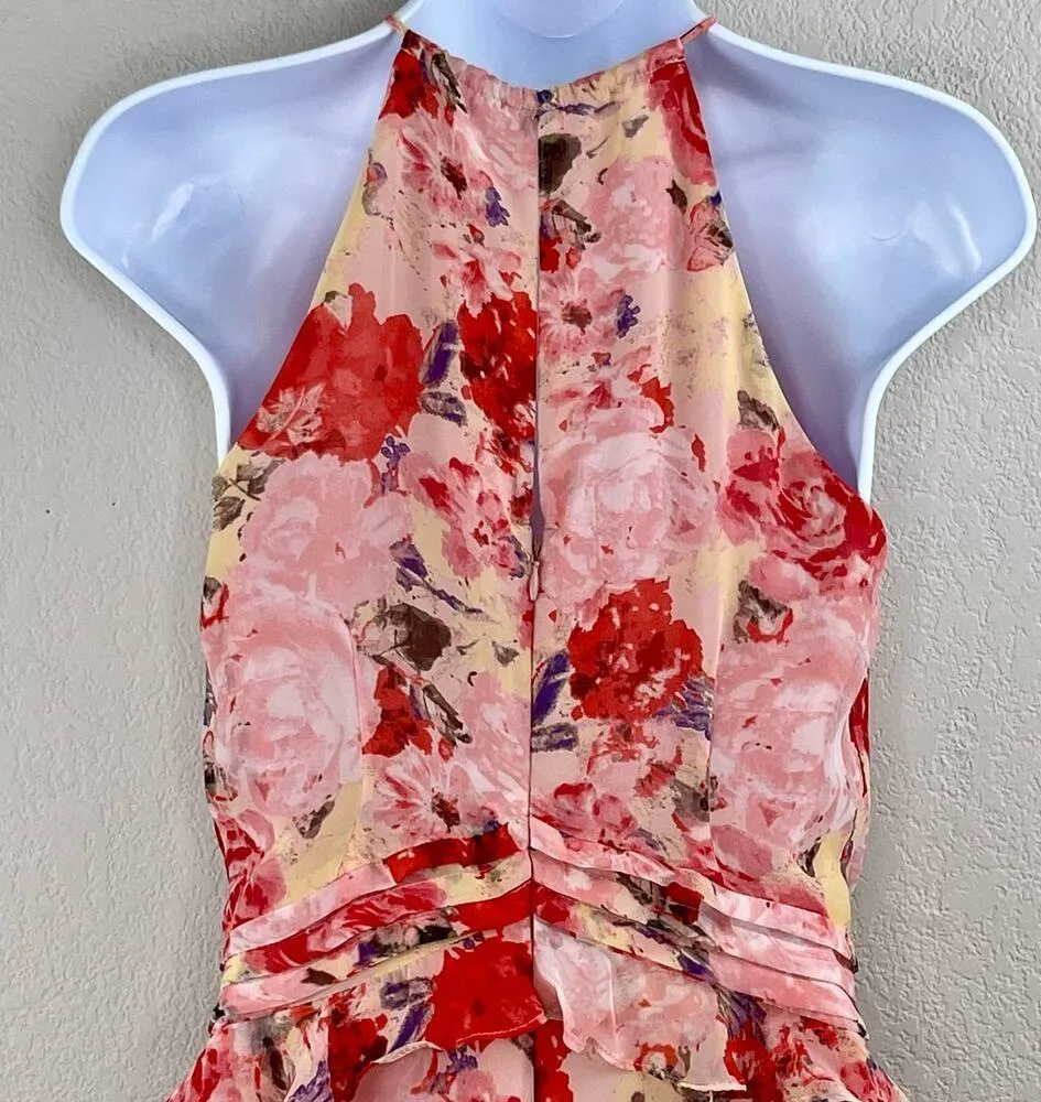 Floret Studios Pink Multi Floral Chiffon Ruffle Halter A-Line Mini Dress XS NWOT - Image 9