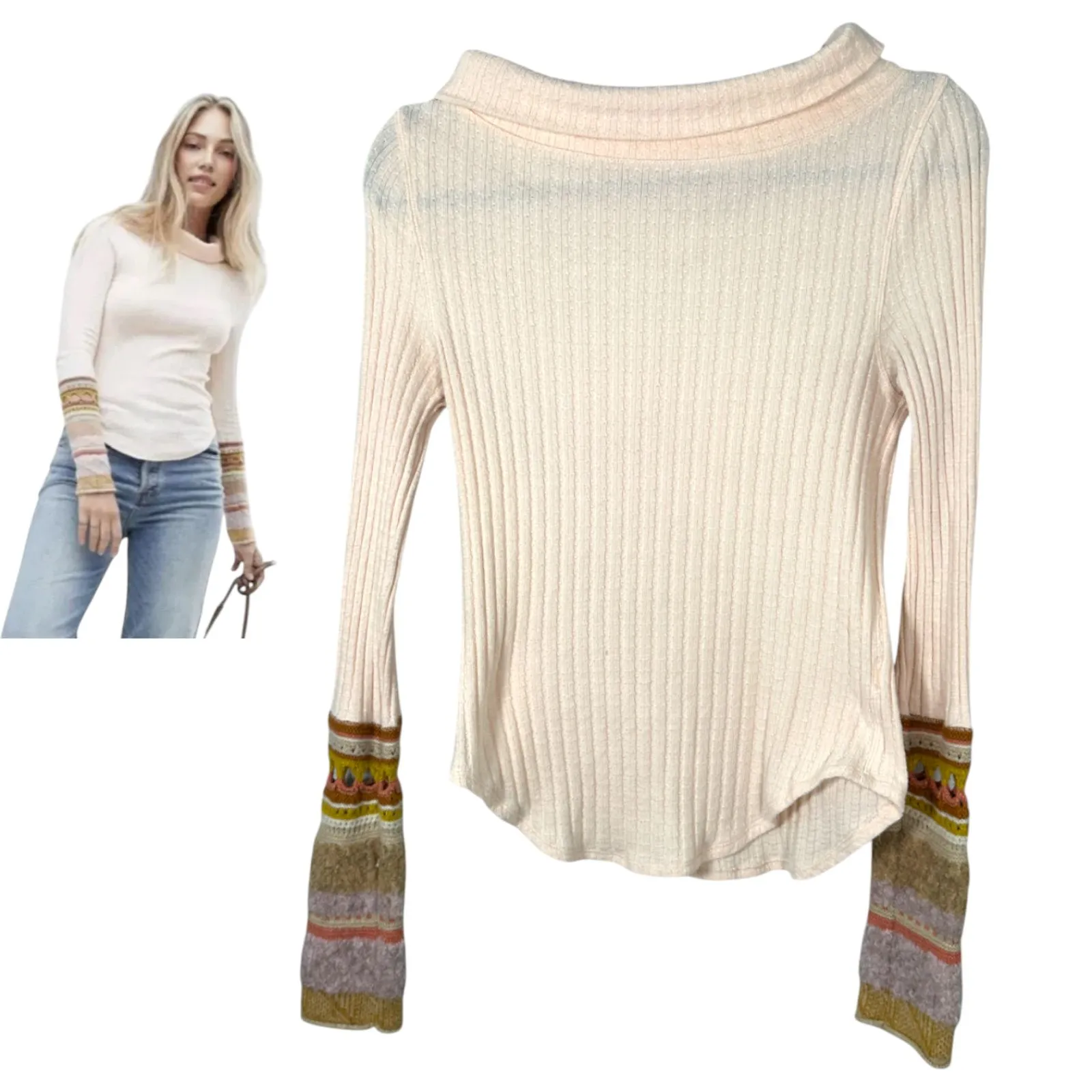 Free People Mixed Up Sweater Cuff Ribbed Thermal Size Small - Image 2
