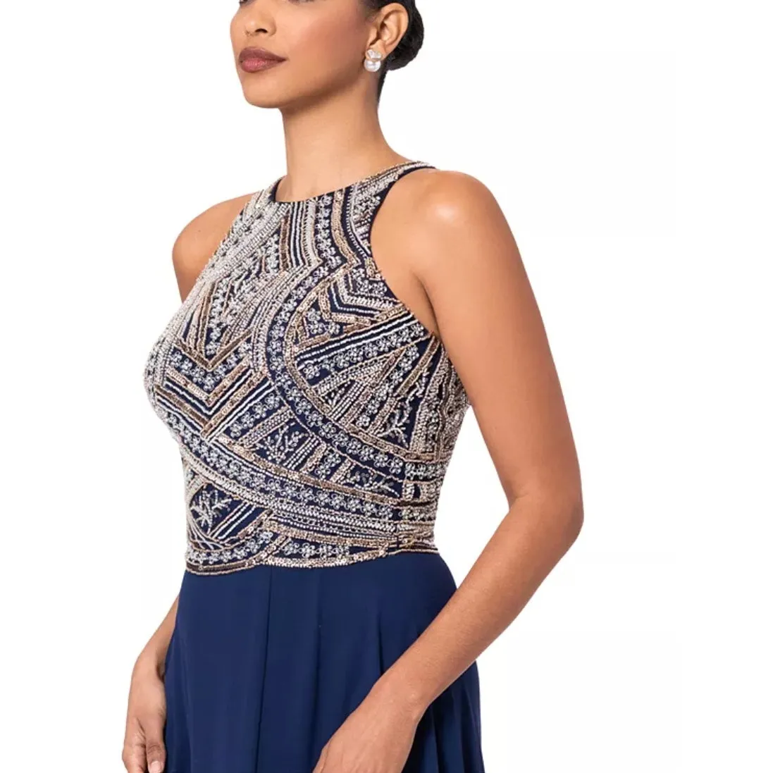 Betsy & Adam Women's Beaded Navy Gold Gown Size 10 Petite NWT Elegant Formal - Image 3