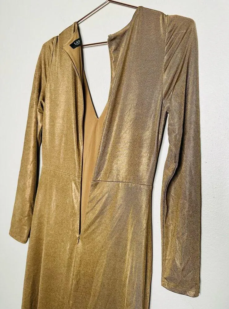 LAUREN RALPH LAUREN Gold Foil Print Twist Front Nadira Jersey Gown Size 4 - Image 5