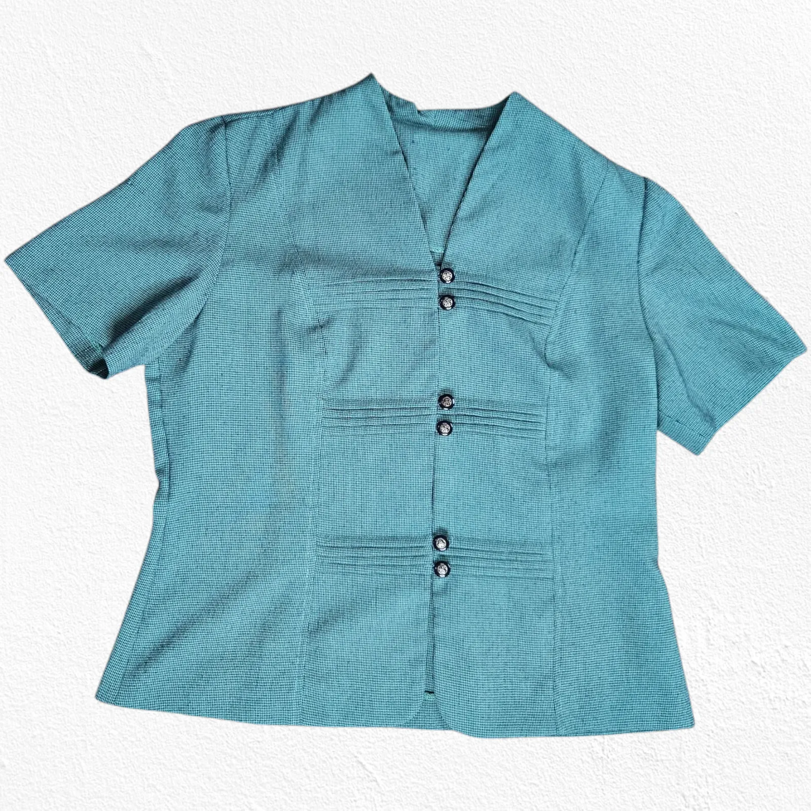 1950s Vintage Teal Black Houndstooth Button Down Fitted Blouse Jacket Size Large Gray - Image 2