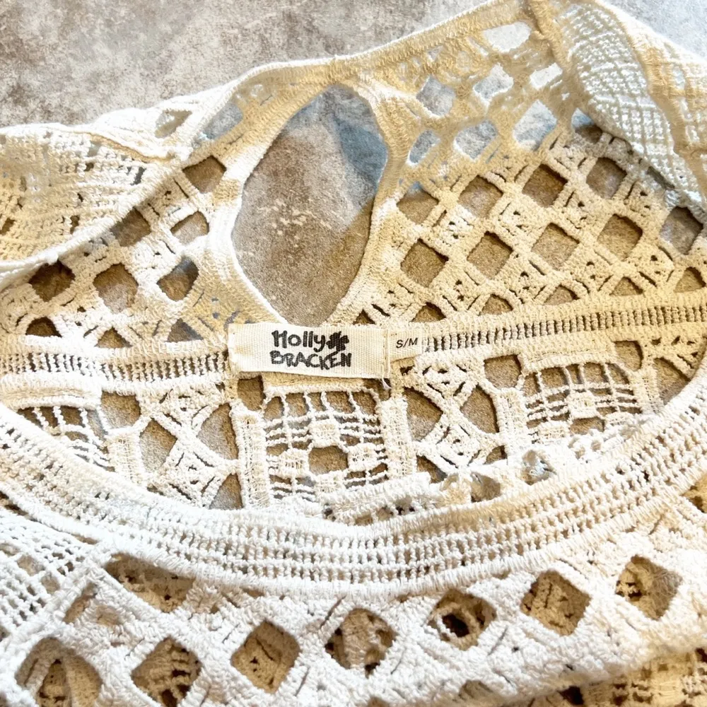 Holly Bracken crochet knit scoop neck cream short sleeve blouse top - Image 4