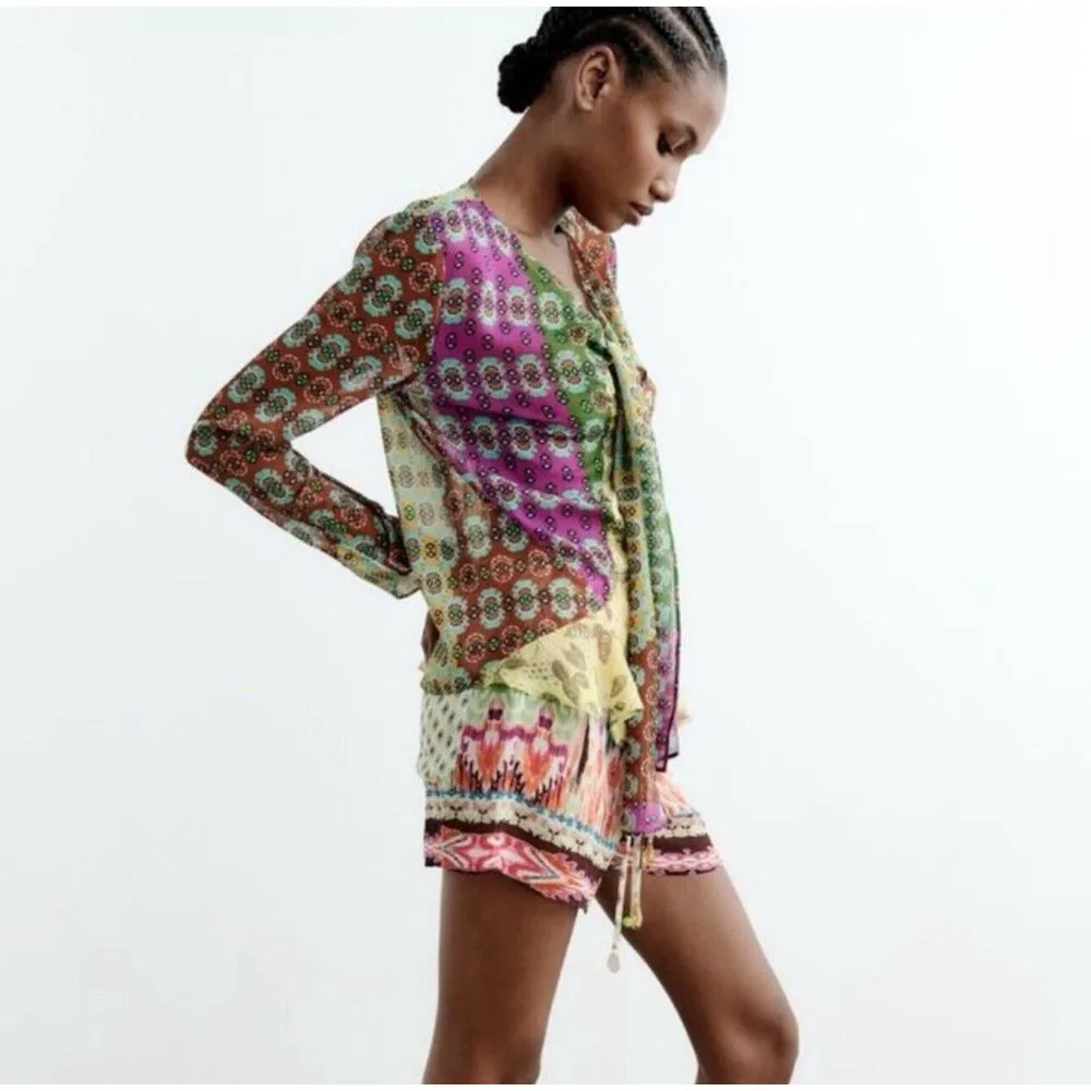 Zara Boho Peasant Scarf Y2K Semi‎ Sheer Jeweled Patchwork Blouse Size S 7718/009 - Image 2