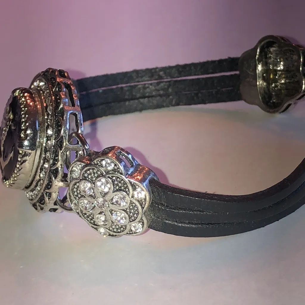 Elegant Black and Silver Tone CZ Rhinestone Snap On Anchor Charm Bracelet - Image 2