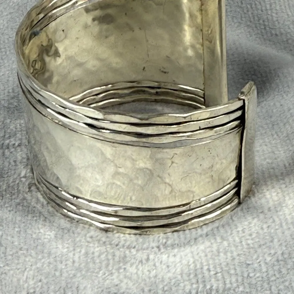 Hammered Silver Tone Metal Cuff Bracelet Asymmetrical Textured Adjustable Fit - Image 5