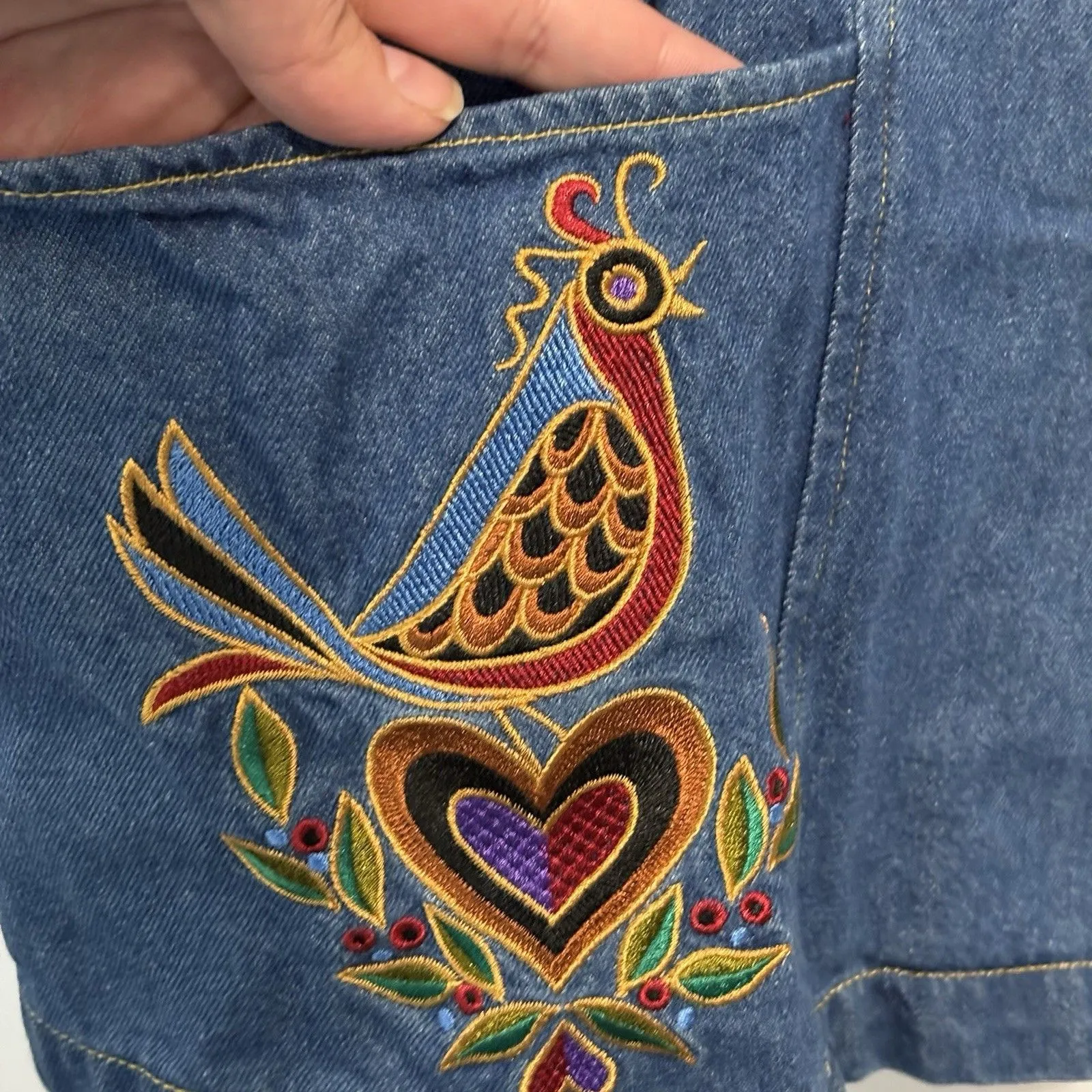 Bob Mackie Wearable Art Denim Jacket Colorful Embroidery Large Artsy Funky 90s - Image 3