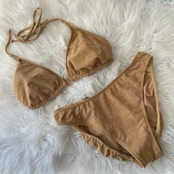 Vintage Tan Faux Suede Halter Triangle High Cut Bikini Swimsuit Boho Western Size M - Image 1