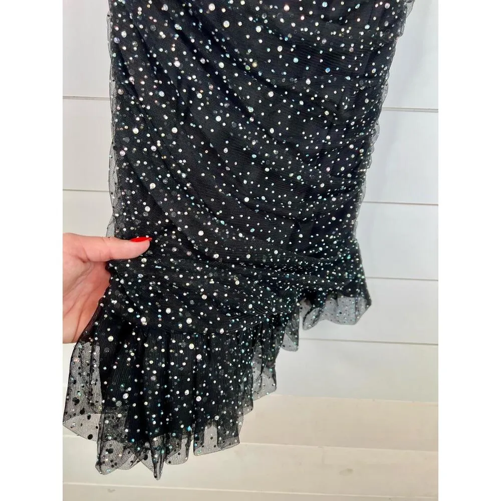 Violet Weekend Black Mini Ruffled Trim Rhinestone Glitter One Shoulder Dress 5/6 Size undefined - Image 7