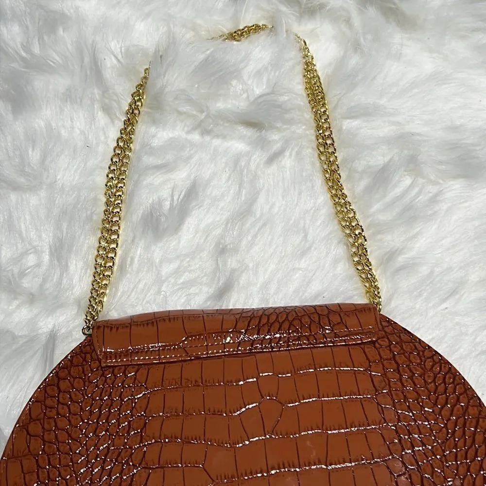 Joy & Iman Orange Crocodile Embossed Bag with Gold shoulder strap B91 Brown - Image 6