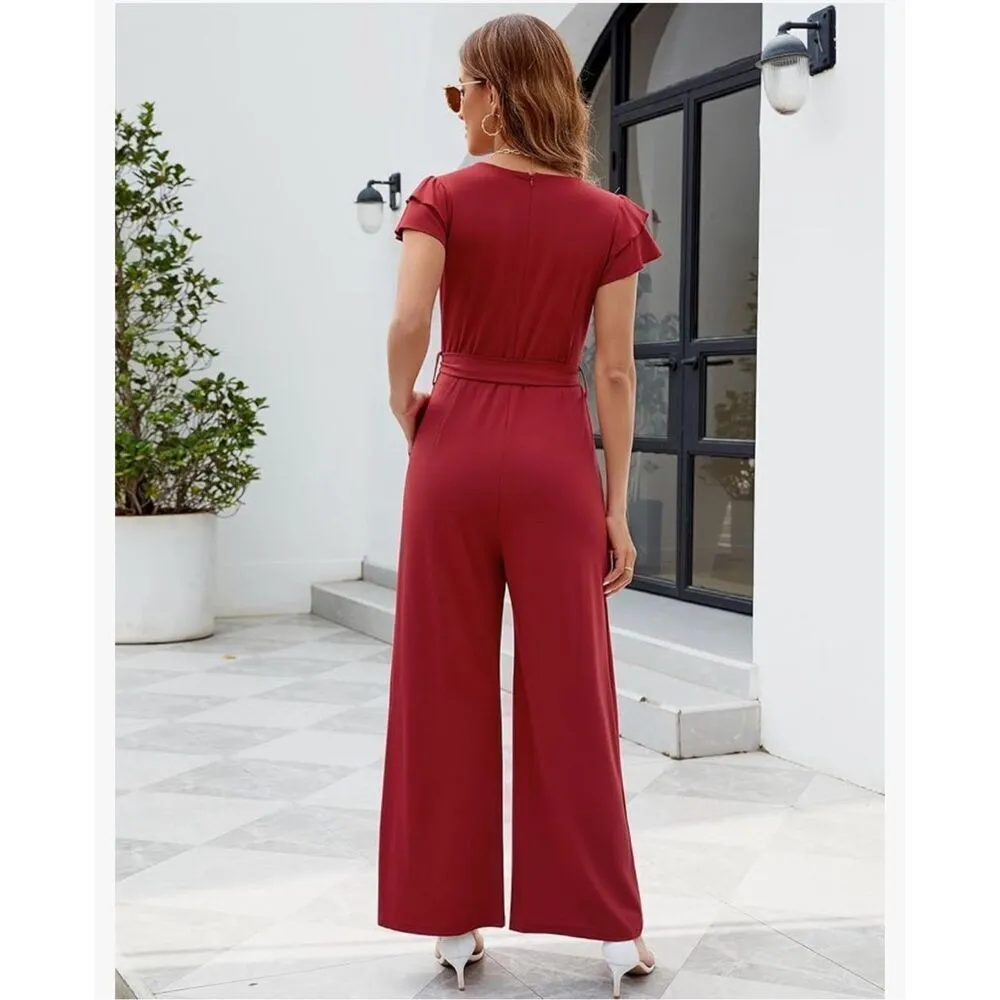 NEW Red jumpsuit Career Ruffle Sleeve V Neck Romper NO BELT M - Image 3