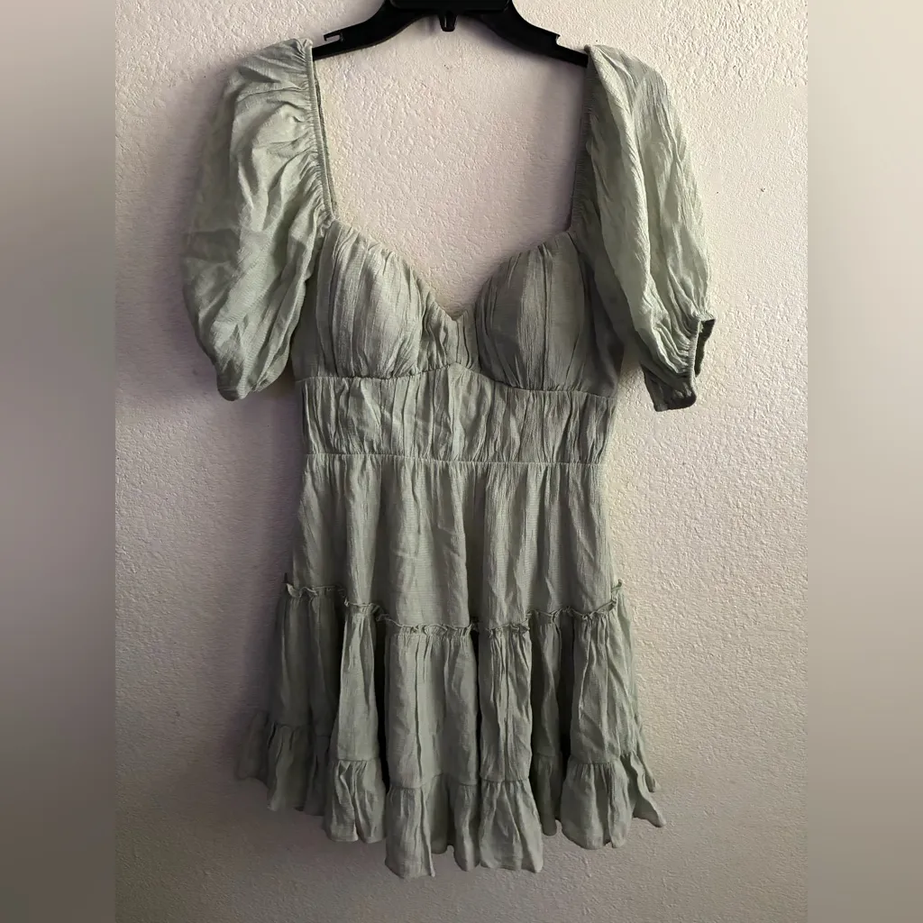 Mika & Gala Gathered Bodice Puff Sleeve
Flounce Hem Mini Dress Sage 10 - Image 4