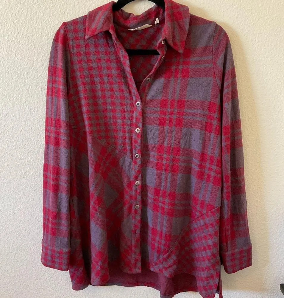 Soft Surroundings Paramour‎ Plaid Tunic Button Up Oversized Shirt Size Medium - Image 2