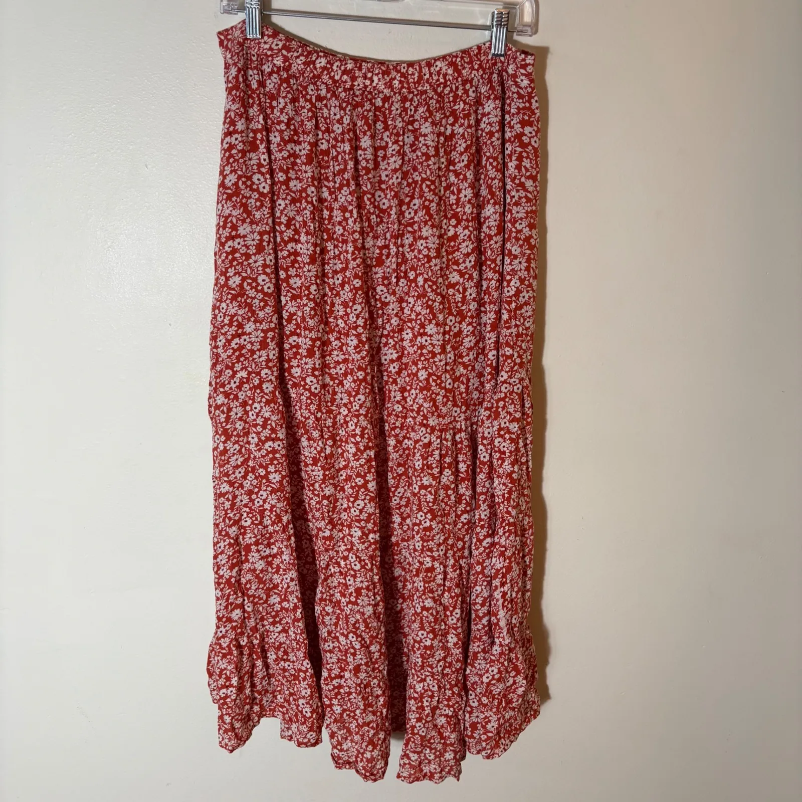 Abercrombie & Fitch Red Floral Maxi Skirt Ruffle Lined With Slit Size Large - Image 5
