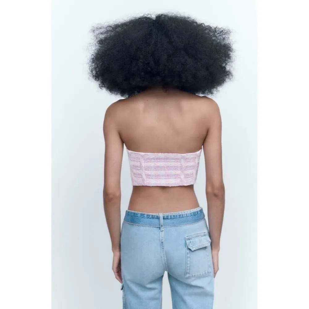 NEW Zara women's size S Pink And Purple Tweed Tube crop Top Size - Image 4
