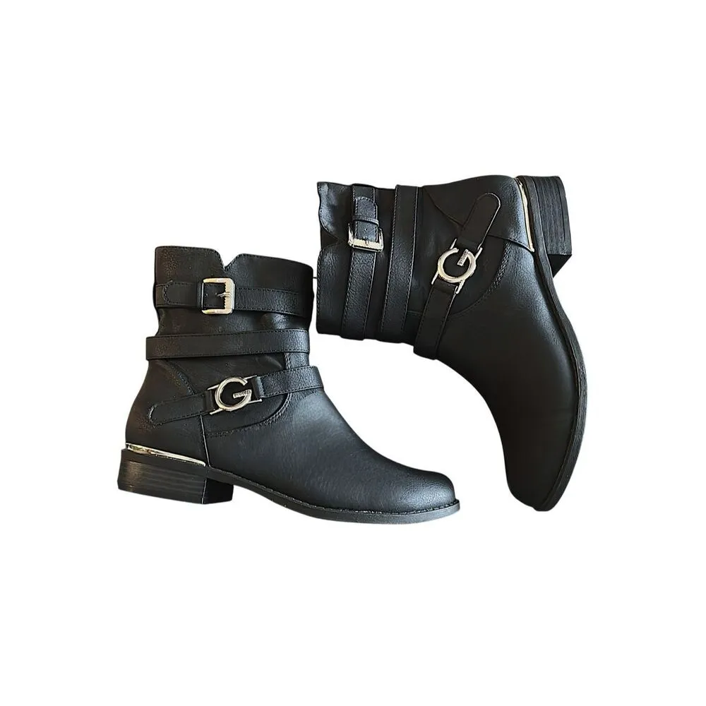 G By Guess Harlin Black Motorcycle Ankle Boots Strappy Buckle Edgy Size 9.5 - Image 6