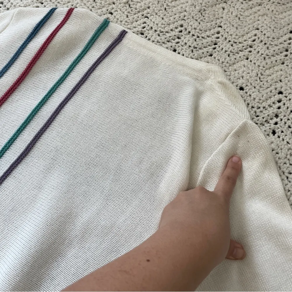 Vintage Rainbow Stripe Design V Neck Long Sleeve Cardigan Beige (Small) classic White - Image 4