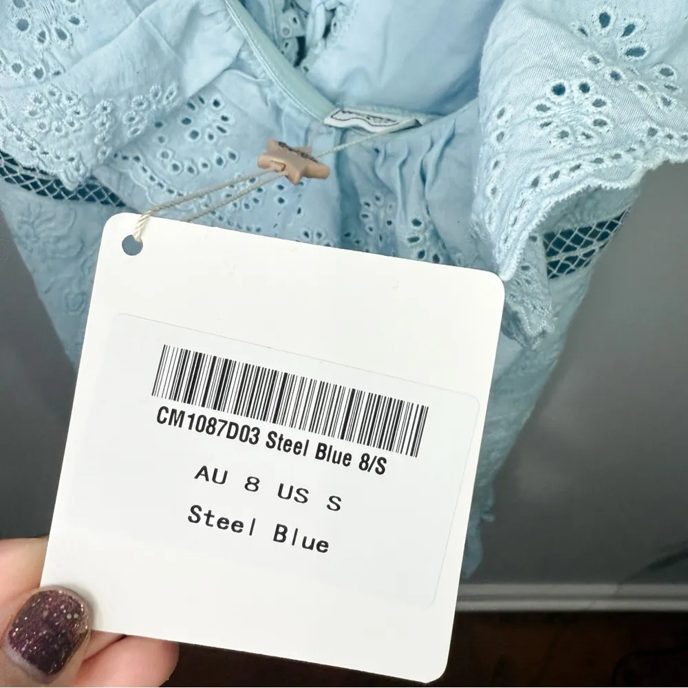 Angel Biba Sweet Melody Sweetheart Neck Off-Shoulder Dress Lace Steel Blue S - Image 8