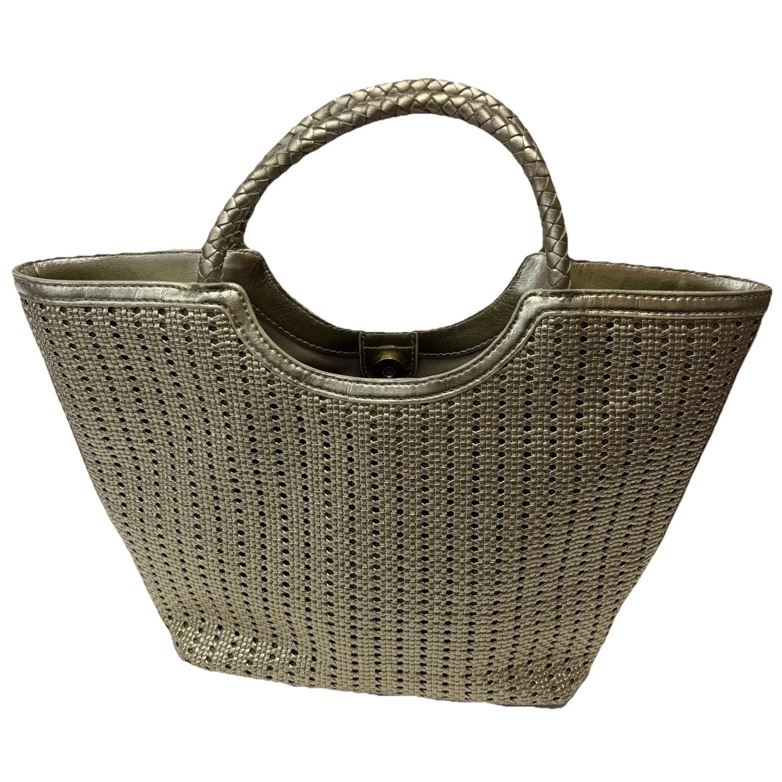 Talbots Metallic Gold Tone Woven Look Tote Bag Double Handle Purse Holiday Party - Image 4