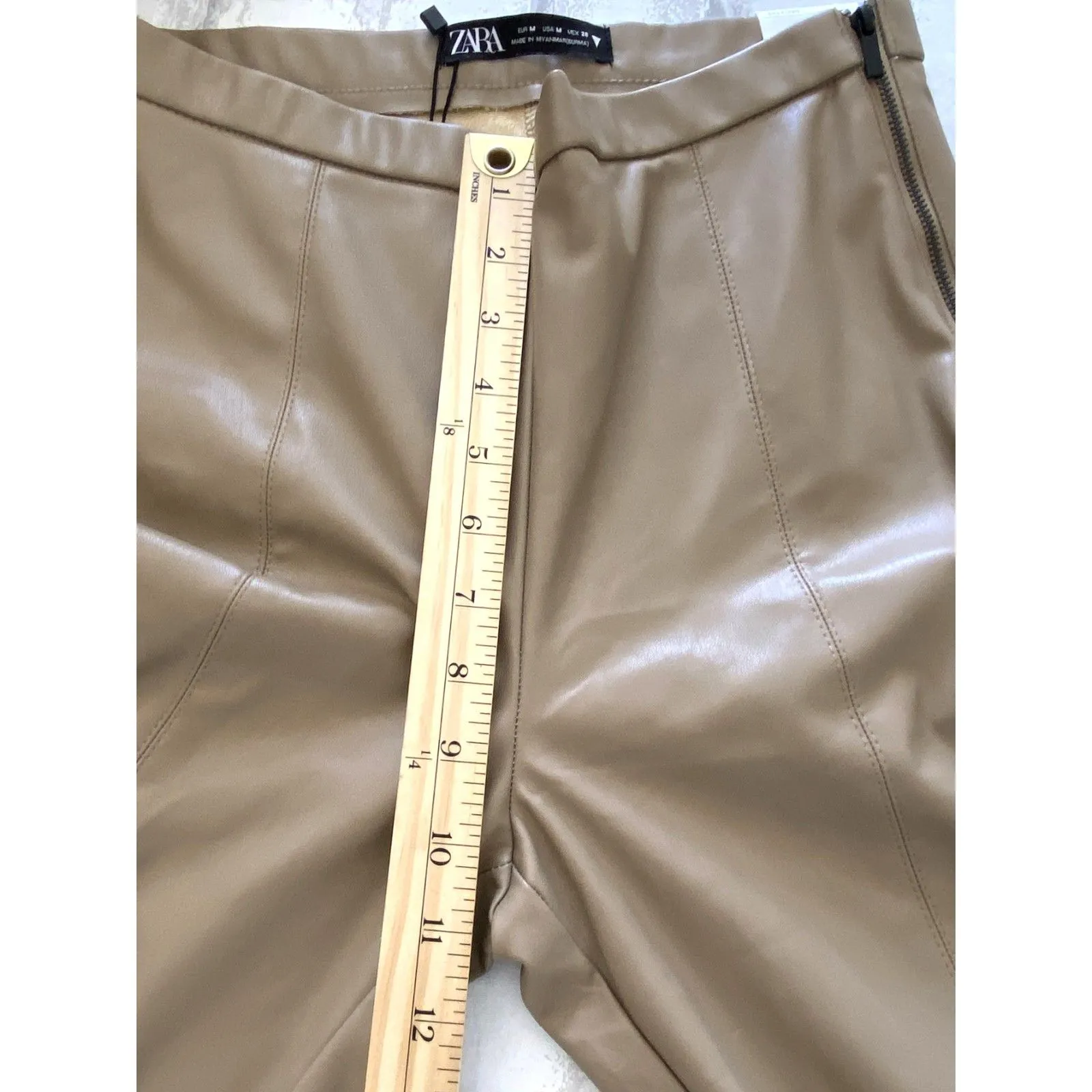NWT Zara Camel Faux Leather High Rise Skinny Size Zipper Leggings Sz M - Image 6