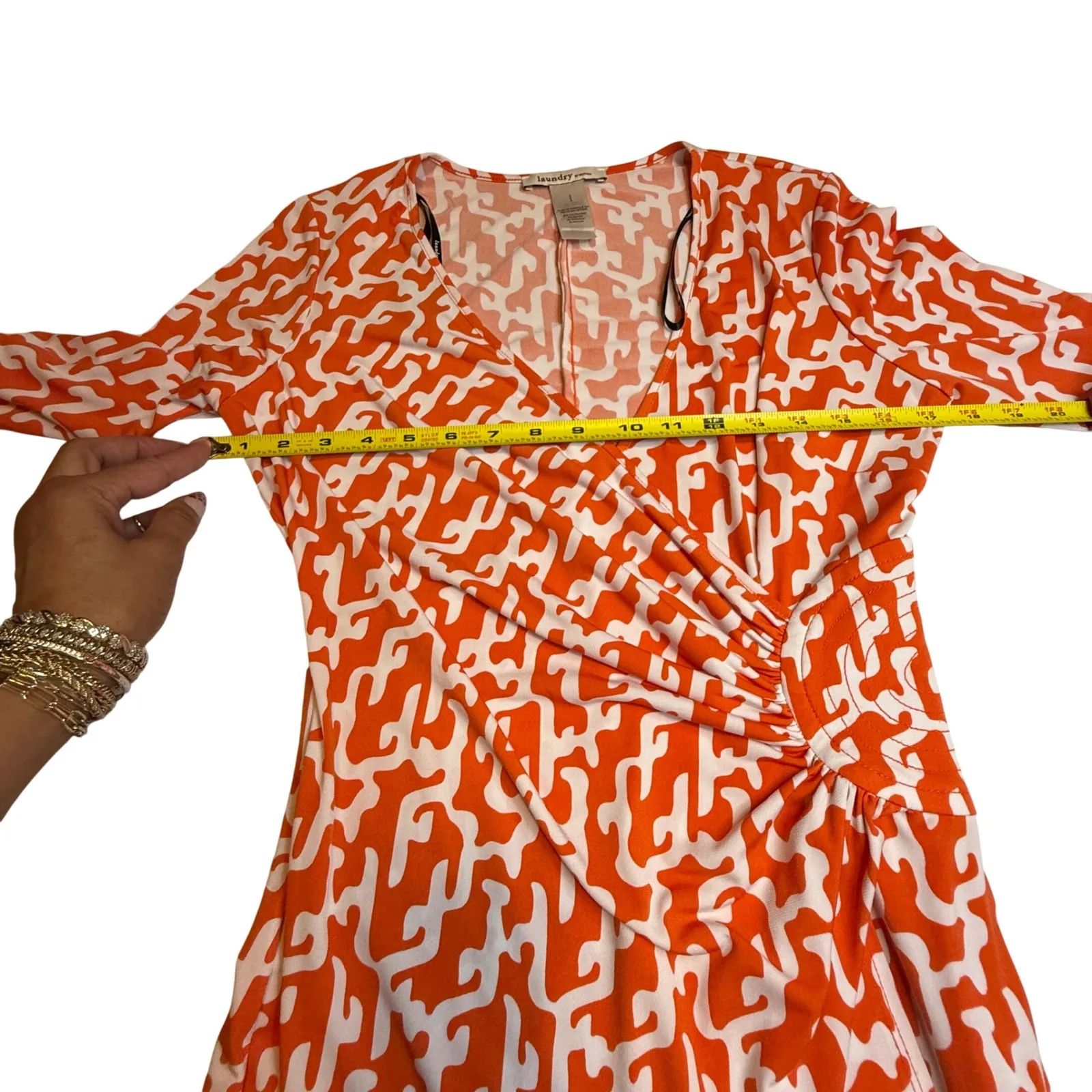 Laundry by Design Dress Orange White Geometric Ruched 3/4 Sleeve Faux Wrap Sz 8 - Image 6