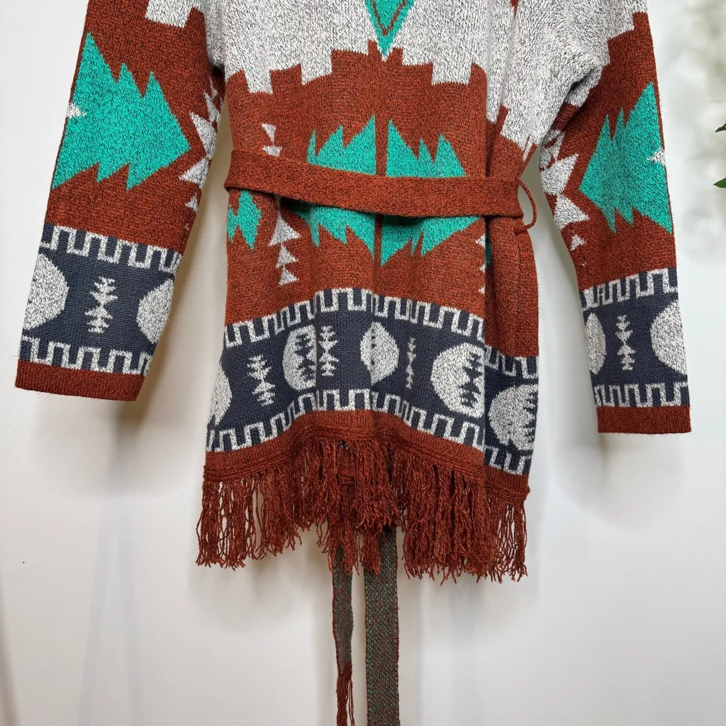 Wrangler Boho Western Aztec Print Fringe Belted Cardigan size XL - Image 7