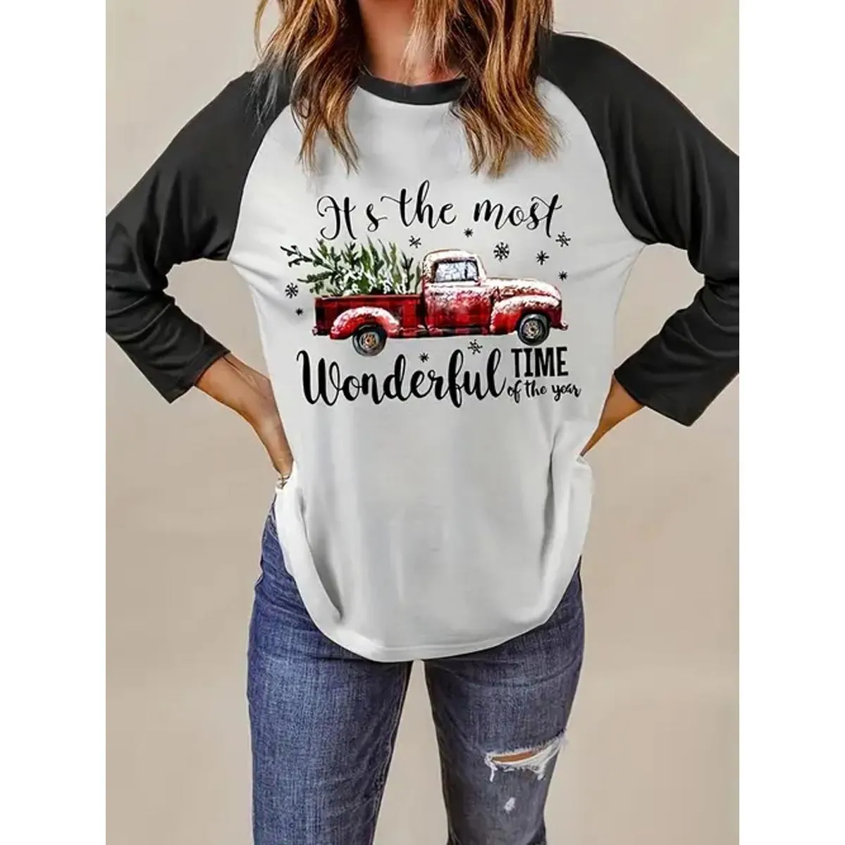 Buffalo Plaid Red Truck Christmas Raglan Tee Women’s 3XL Graphic Holiday Top White Size 3X - Image 2