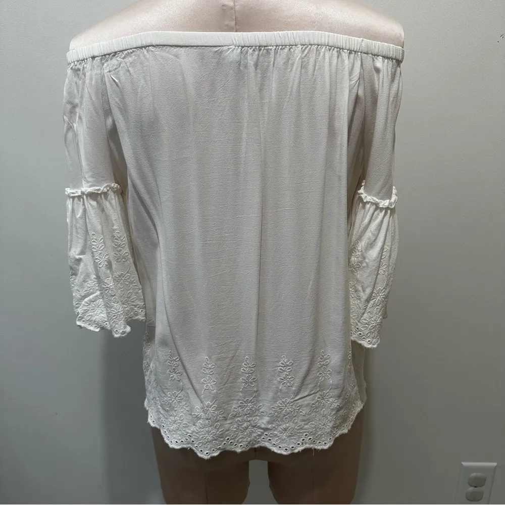 LOFT White Eyelet Trim Off Shoulder Ruffled Peasant Blouse Women’s XS petite - Image 6
