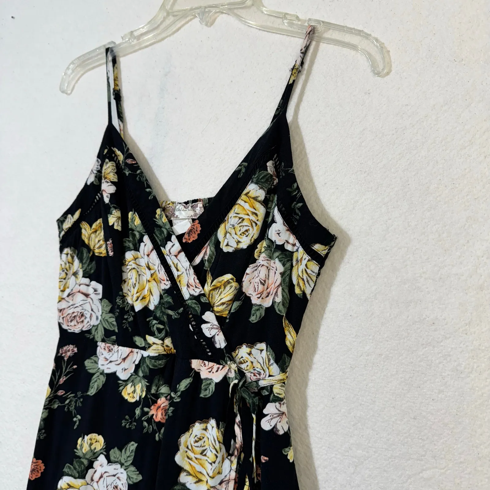 B.O.G Collective Black Faux Wrap Dress Yellow Pink Rose Print Size Small Ruffled - Image 4