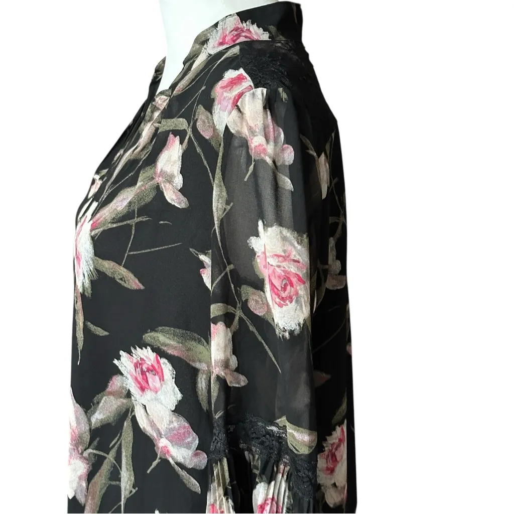 White House Black Market Gabrielle Floral Print Blouse Black Red Plum 8 - Image 4