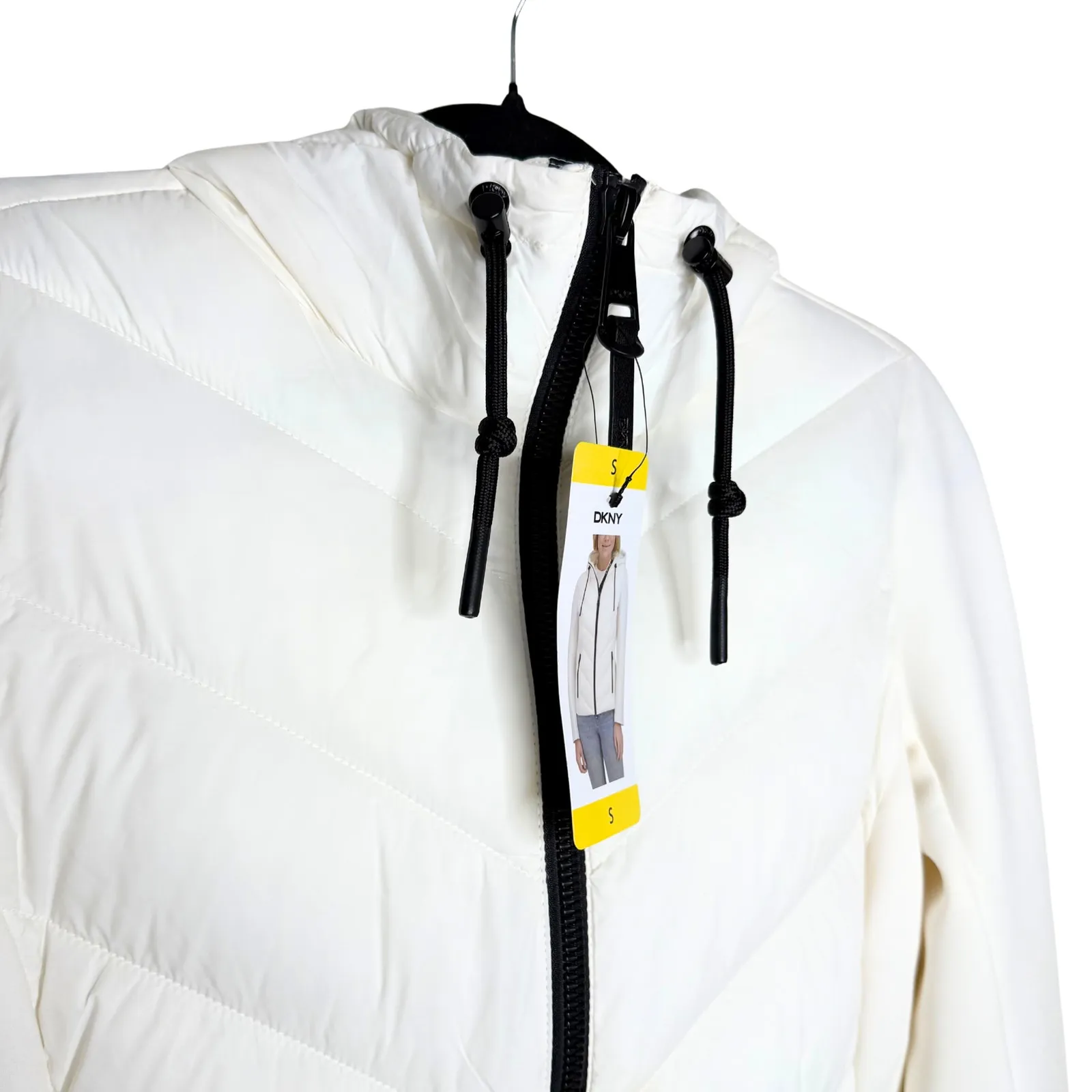 DKNY Mixed Media Scuba Sleeves Hooded Puffer Jacket Size Small White Winter Coat - Image 4