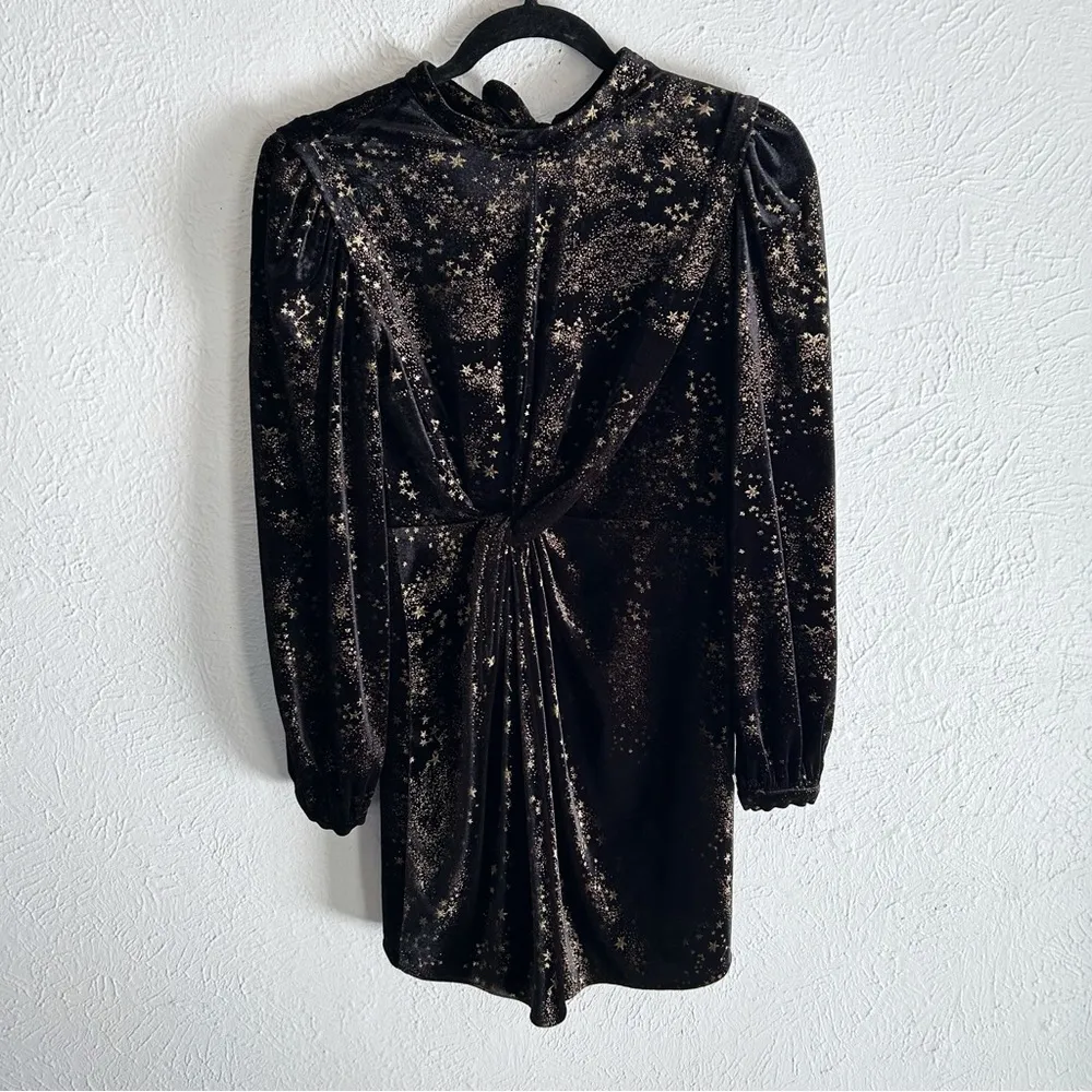 AllSaints Jemima Star Printed Velvet Knot Mini Dress Sz 2 Black Gold celestial - Image 3