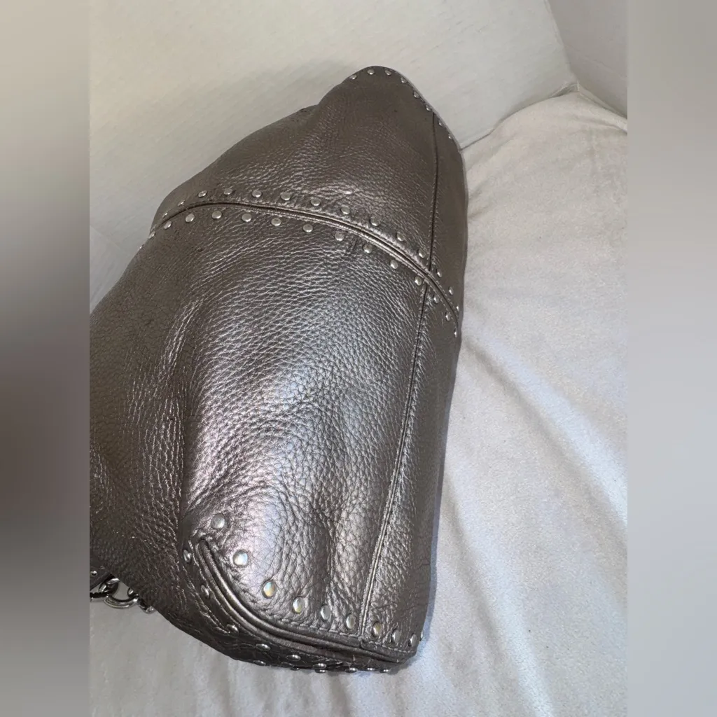 Michael Kors Metallic Gray Leather Studded Chain Strap Satchel Shoulder Bag Silver - Image 10