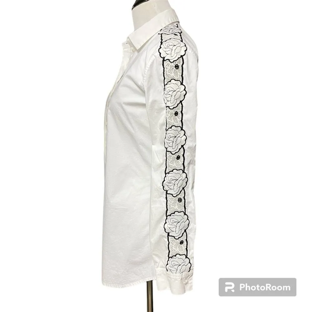 Ann Fontaine White Poplin Shirt Size 36 Black Embroidered Roses Lace Parisian - Image 2