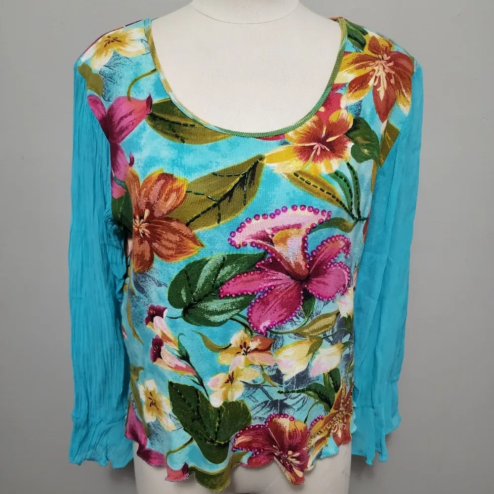 Jane Ashley Turquoise Sequin Tropical Floral Long Sleeve Top Size Medium - Image 2