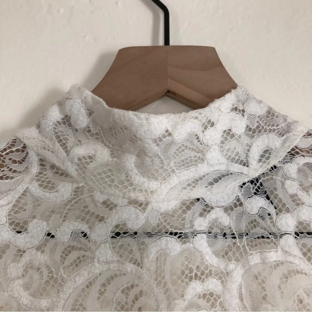 White House Black Market WHBM Lace Semi-Sheer Long Sleeve Mock Neck Blouse Top - Image 2