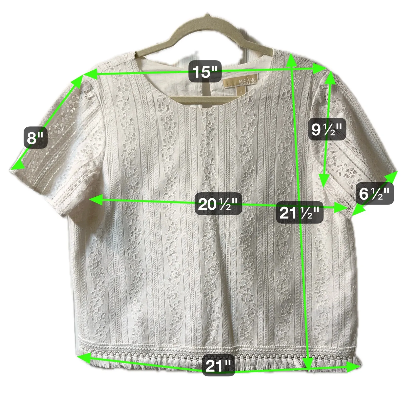 Michael Kors White Lace Blouse Women’s M Fringe Hem‎ Short Sleeve Top Classic - Image 7