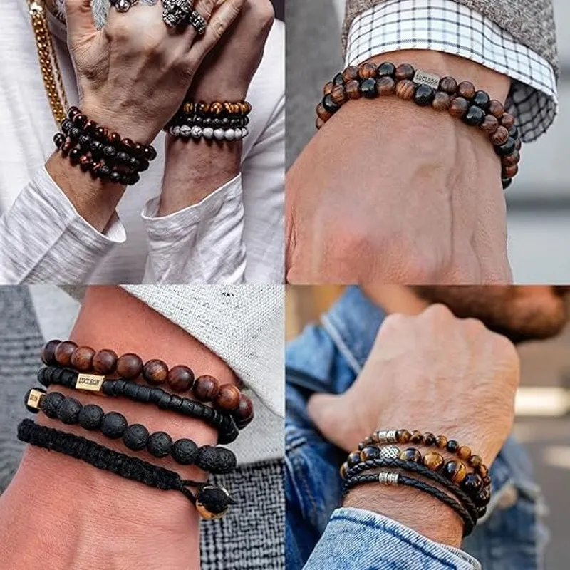4pcs Tiger Eye Bracelet For Men 8MM Natural Stone Adjustable Beaded Bracelet Brown - Image 4