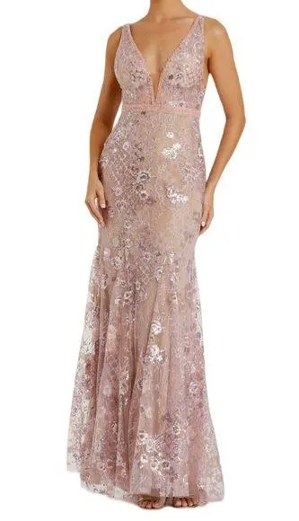 Mac Duggal Rose Pink Floral Embellished Sleeveless Plunge Neck Gown Women’s Sz 4 - Image 1