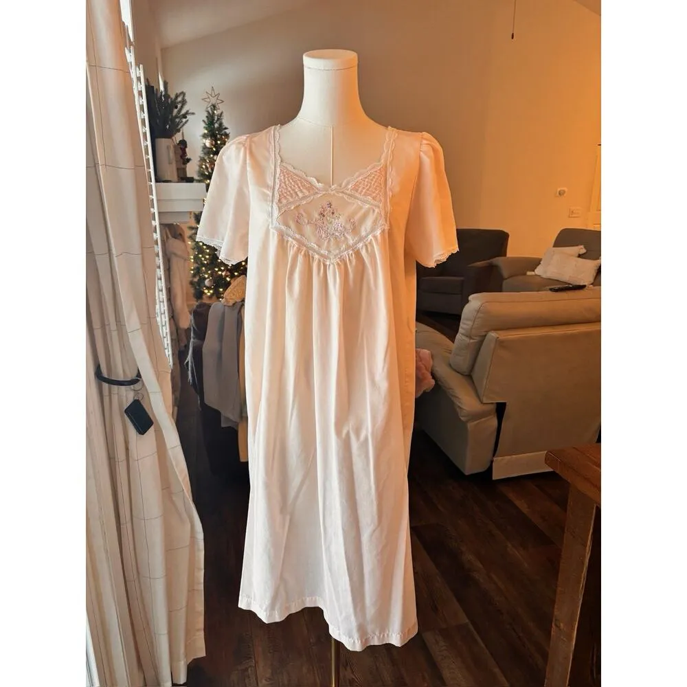 Vintage Pink Barbizon Pajama COTTON Embroidered Medium USA Light Lace Floral - Image 2