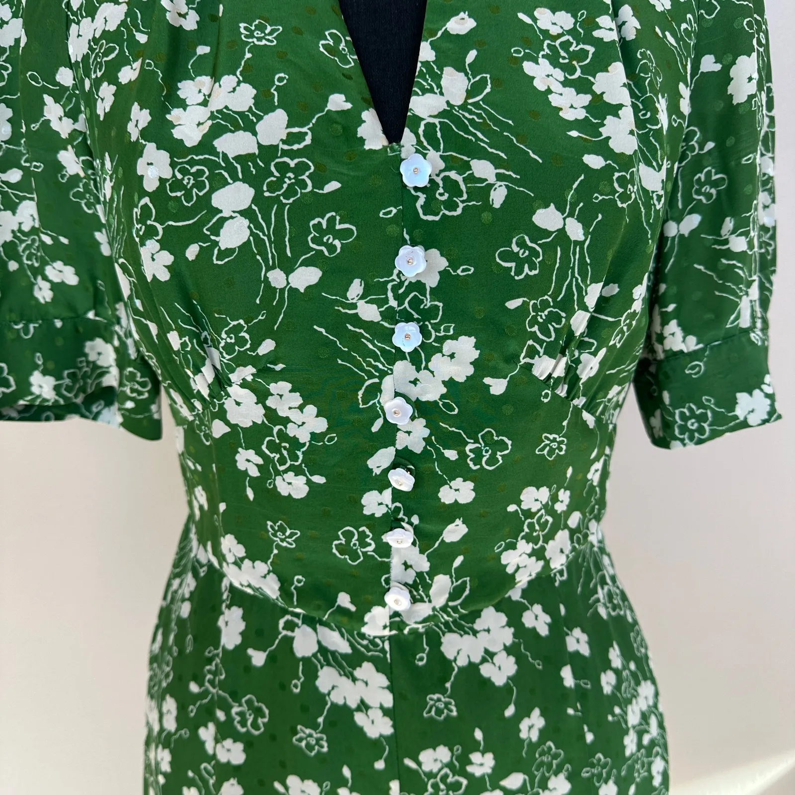 L.K. Bennett Green Floral Midi Shirt Dress SIZE 6 Silk Retro Work Designer $675 - Image 13