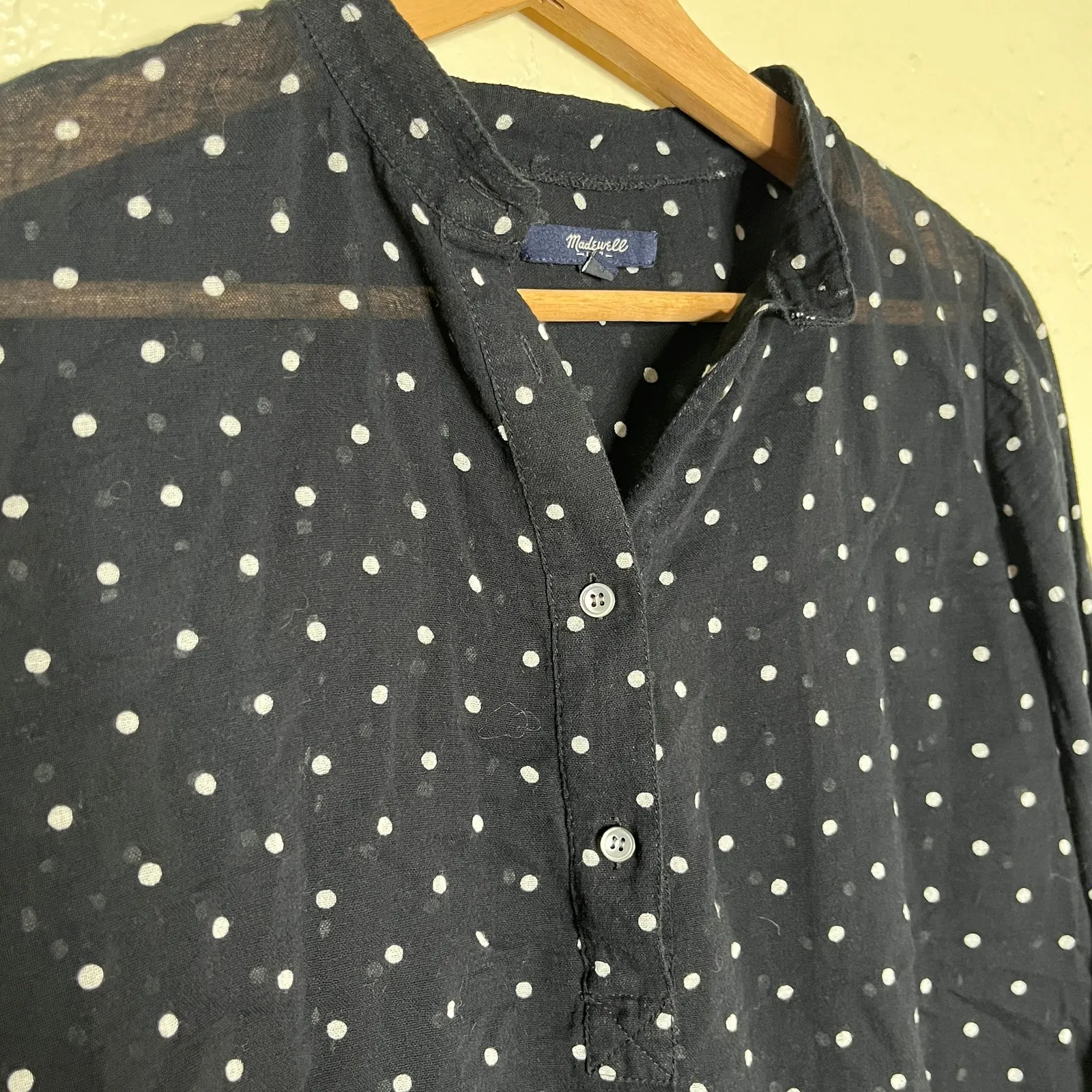 Madewell Womens' Polka Dot Shirred Popover Button Shirt Black White Size Small - Image 3