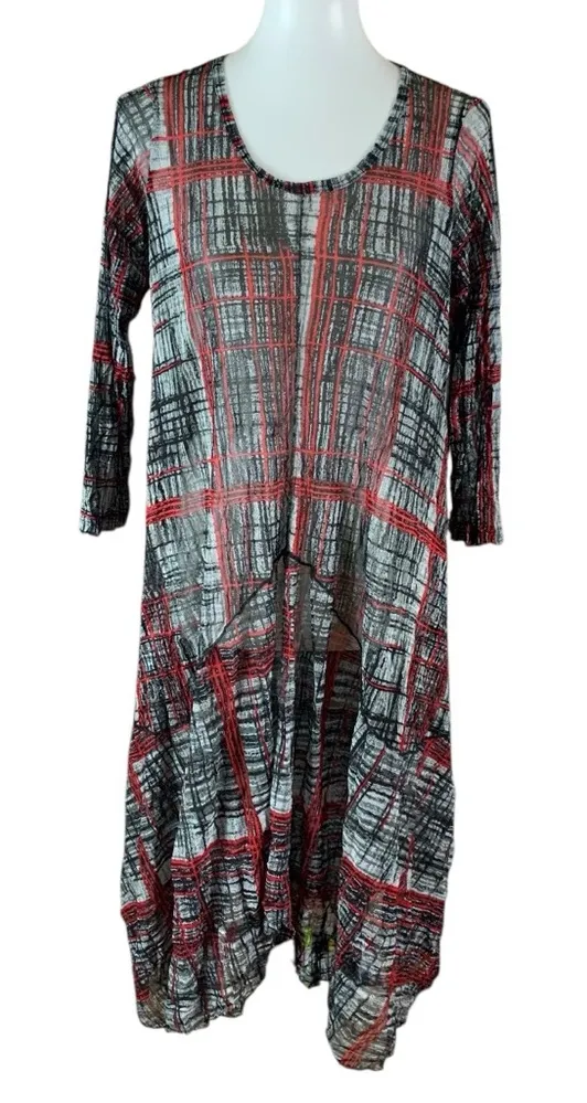 Comfy USA Red Black Abstract Asymmetrical Tunic Dress Artsy Stretch M Sheet Size M - Image 1