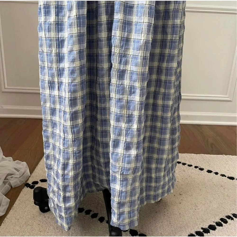 Vintage 80s 90s Barbara Lesser Maxi Dress Cottagecore Thermal Seersucker Cabinco Blue Size L - Image 5