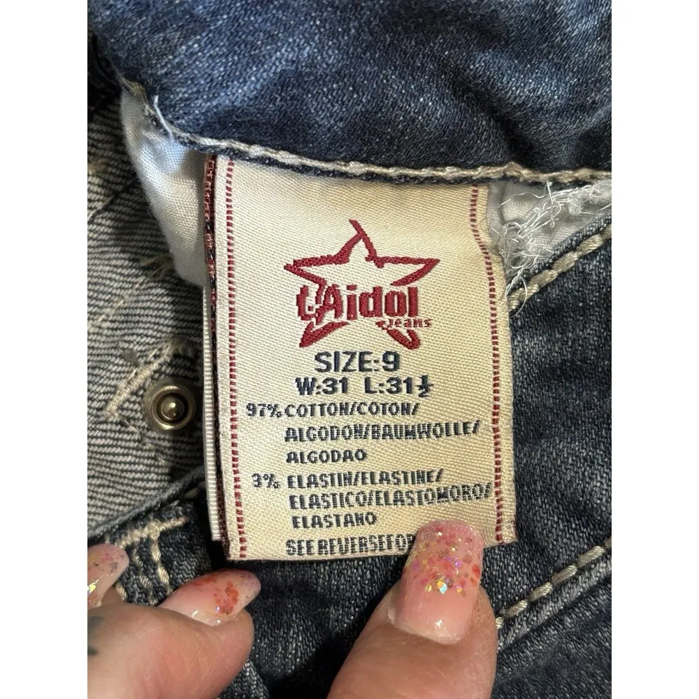 L.A. Idol Low Rise Skinny Jeans Rhinestones Embroidery Size 9 Med Wash Stitching Blue - Image 7