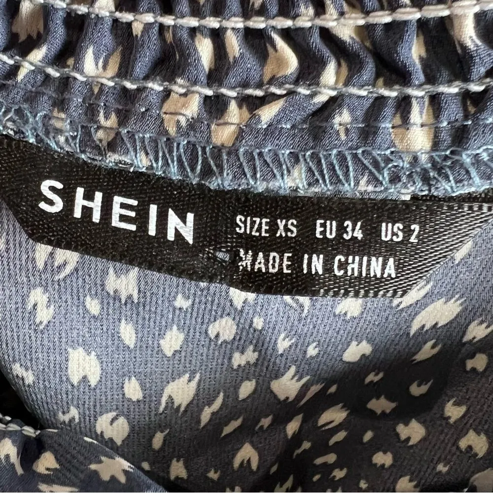 Long lantern sleeve blue and ivory frill trim high neck blouse top size XS - Image 4