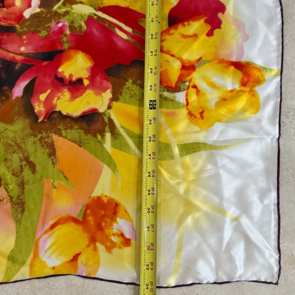 Vintage Angelique L. Paris 100% Silk Rolled Hem Floral Square Scarf 33”X 34” Red - Image 6