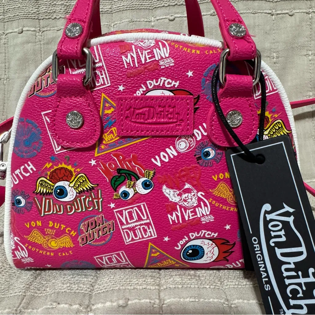 Von Dutch Jax Hot Pink and Black Graphic Bowling Luxury Bag - Image 3