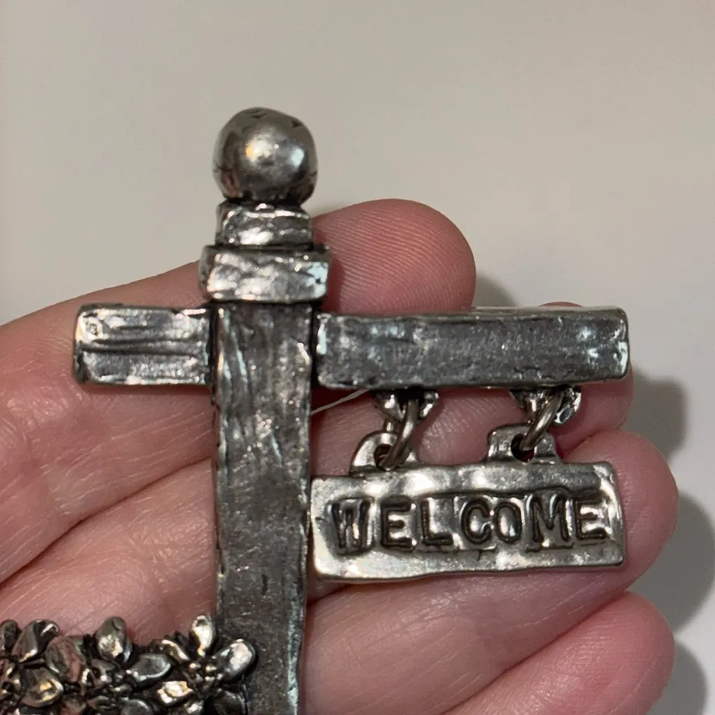 Sheridan Pewter Garden Post w Welcome Sign & Flower Pot Brooch Pin Silver - Image 2