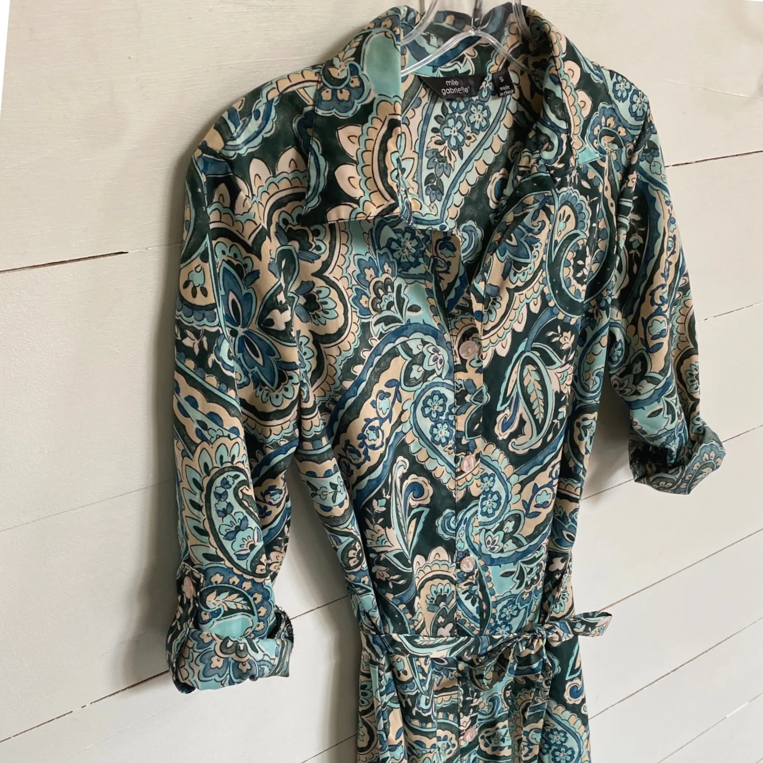 Mlle Gabrielle Paisley Aqua Teal/Tan Shirtdress W/ Tie Belt‎ - S EUC - Image 8